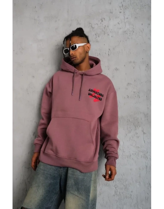 Erkek Şapkalı Güvercin Baskılı Kapşonlu weat  Gül Kurusu