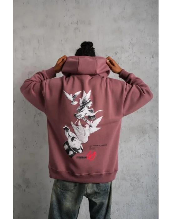 Erkek Şapkalı Güvercin Baskılı Kapşonlu weat  Gül Kurusu