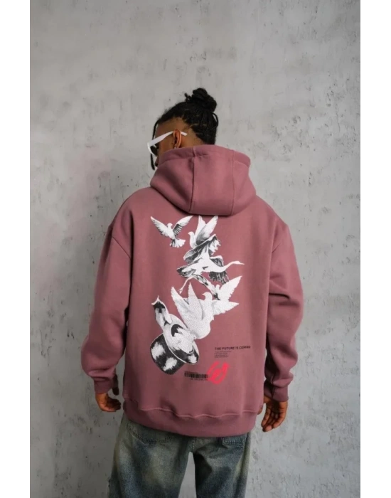 Erkek Şapkalı Güvercin Baskılı Kapşonlu weat  Gül Kurusu