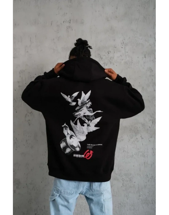 Erkek Şapkalı Güvercin Baskılı Kapşonlu weat  iyah