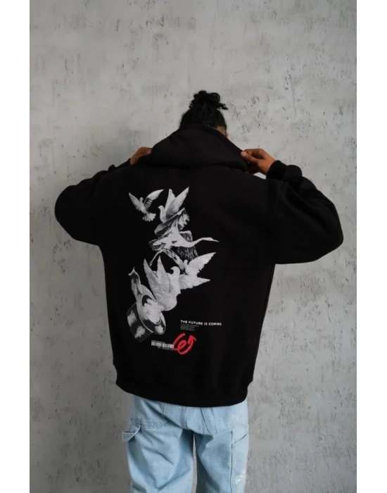 Erkek Şapkalı Güvercin Baskılı Kapşonlu weat  iyah