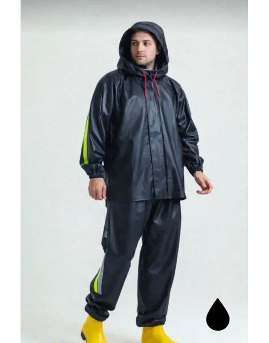 Erkek Şapkalı Kapüşonlu u Geçirmez Yağmurluk Takımı Reflektörlü otorcu Kıyafeti u Ve Rüzgar Gecirmez otorcu Kurye Takım TÜBİTAK Onaylı  iyah