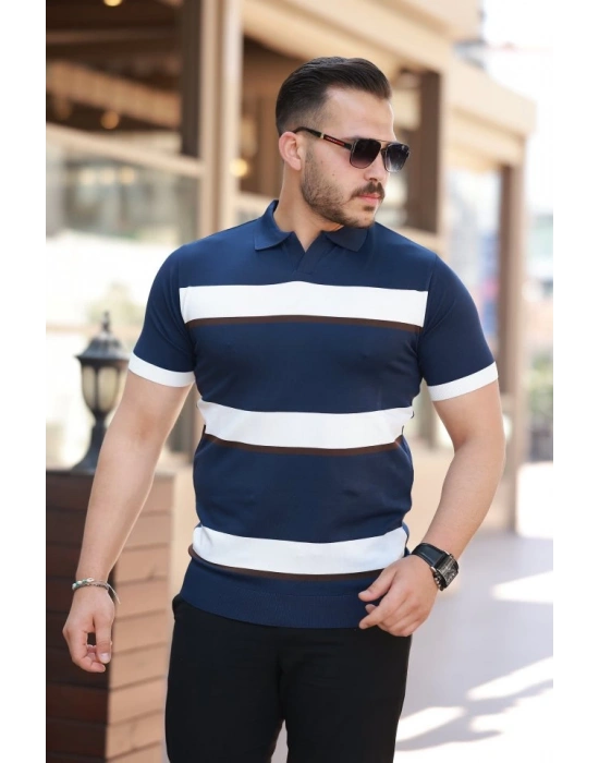 Erkek şerit Desenli Hemşire Yaka Kısa Kollu Tişört