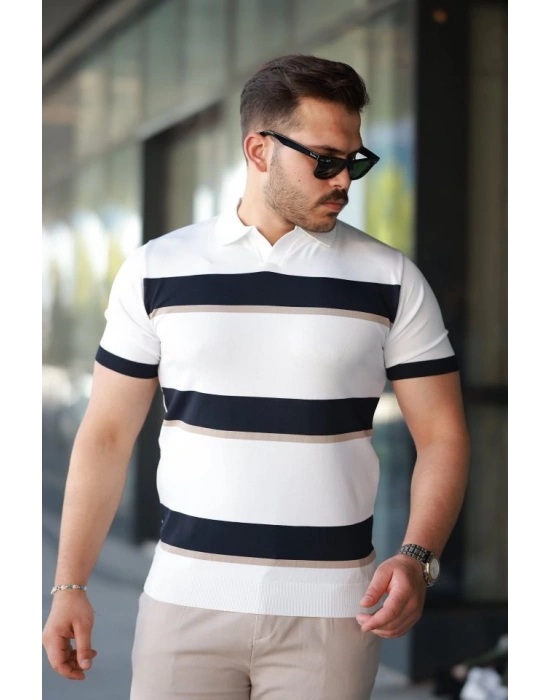 Erkek şerit Desenli Hemşire Yaka Kısa Kollu Tişört