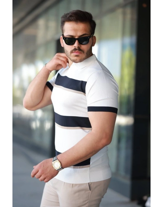 Erkek şerit Desenli Hemşire Yaka Kısa Kollu Tişört