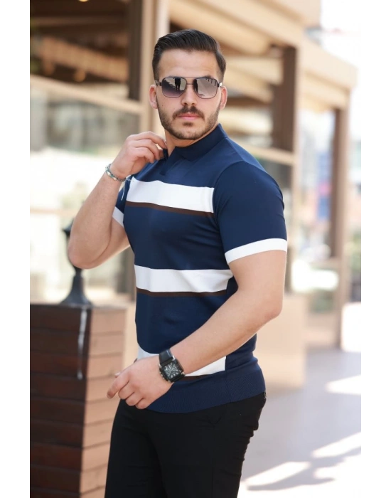 Erkek şerit Desenli Hemşire Yaka Kısa Kollu Tişört