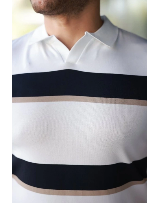 Erkek şerit Desenli Hemşire Yaka Kısa Kollu Tişört