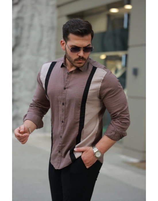 Erkek şerit Detaylı Uzun Kollu Pamuklu Keten Gömlek