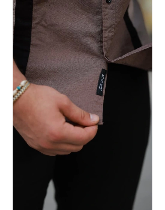 Erkek şerit Detaylı Uzun Kollu Pamuklu Keten Gömlek