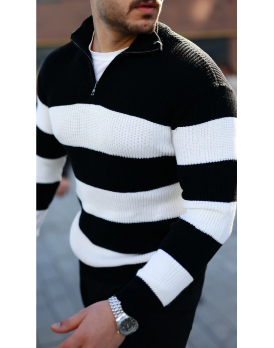 Erkek Şerit Renk Desenli Zip Yaka Kazak