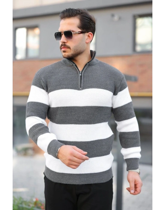 Erkek Şerit Renk Desenli Zip Yaka Kazak