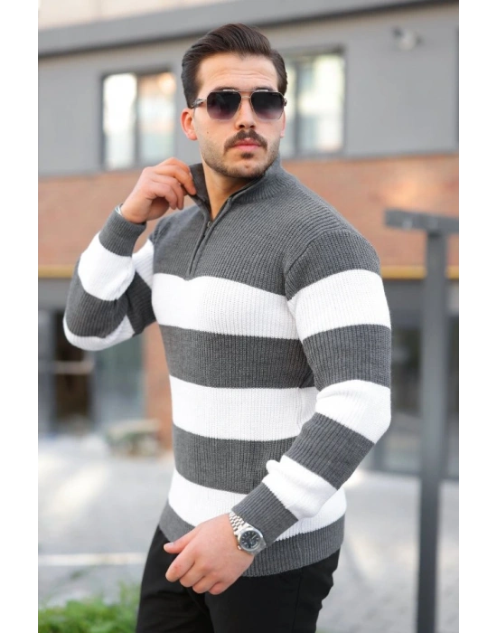 Erkek Şerit Renk Desenli Zip Yaka Kazak