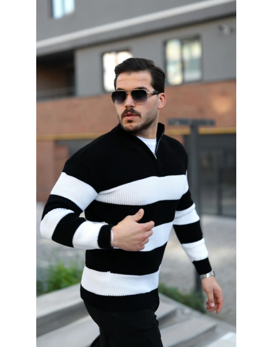 Erkek Şerit Renk Desenli Zip Yaka Kazak