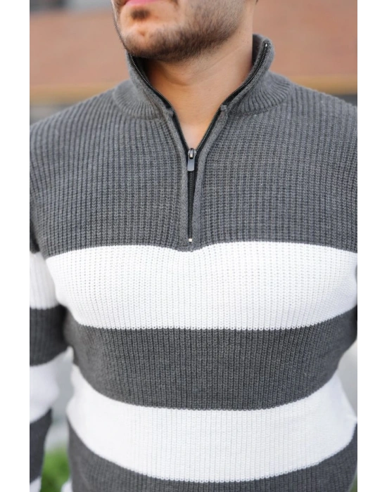 Erkek Şerit Renk Desenli Zip Yaka Kazak