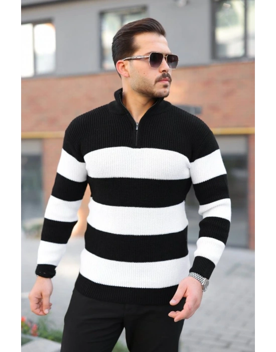 Erkek Şerit Renk Desenli Zip Yaka Kazak