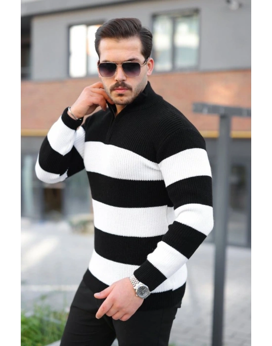 Erkek Şerit Renk Desenli Zip Yaka Kazak
