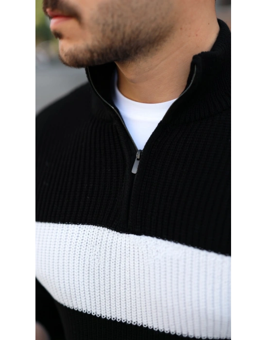 Erkek Şerit Renk Desenli Zip Yaka Kazak