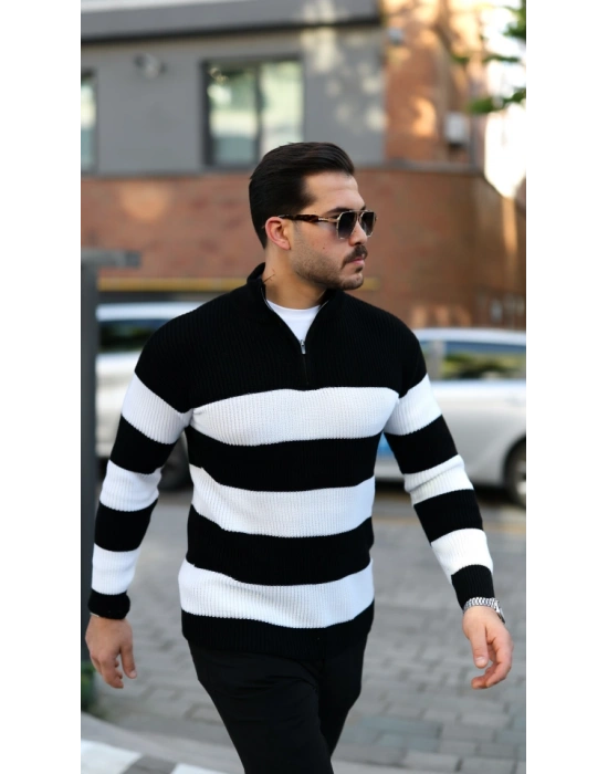 Erkek Şerit Renk Desenli Zip Yaka Kazak