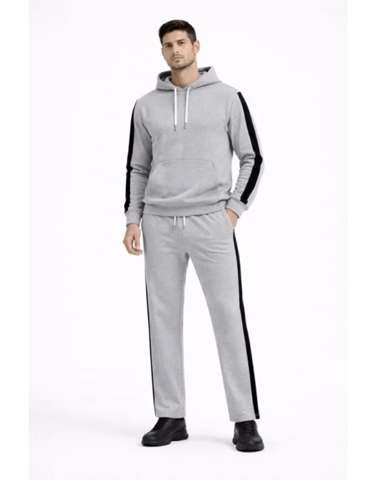 Erkek Şeritli Eşofman Takım Kapüşonlu weatshirt Boru Paça Alt, Oversize 3 Iplik Pamuklu  Gri