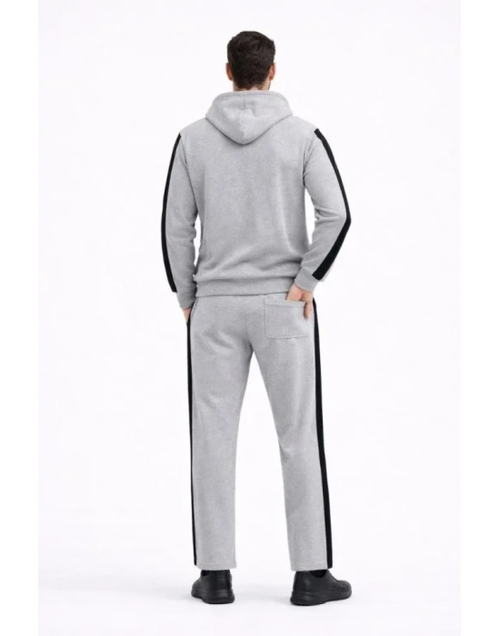 Erkek Şeritli Eşofman Takım Kapüşonlu weatshirt Boru Paça Alt, Oversize 3 Iplik Pamuklu  Gri