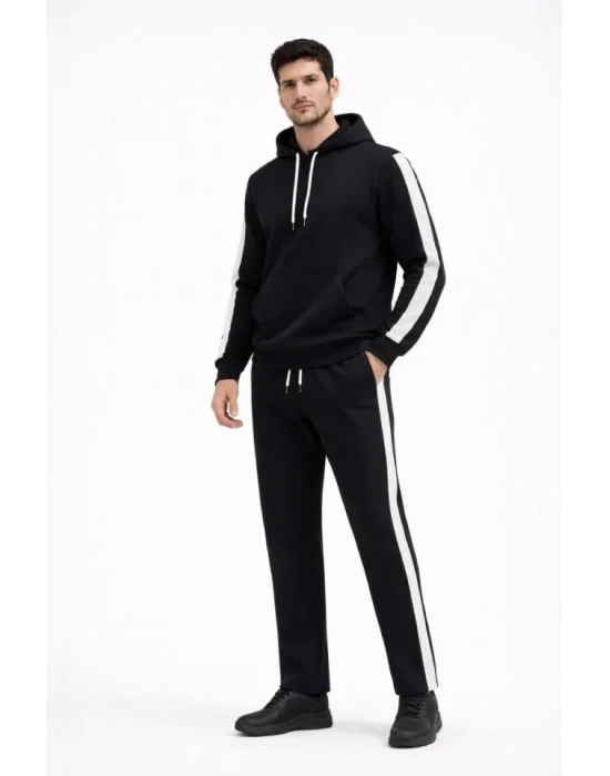 Erkek Şeritli Eşofman Takım Kapüşonlu weatshirt Boru Paça Alt, Oversize 3 Iplik Pamuklu  iyah