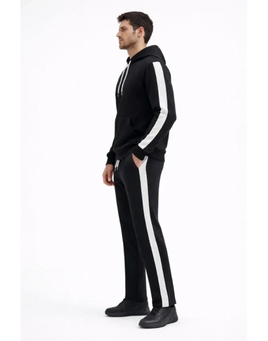 Erkek Şeritli Eşofman Takım Kapüşonlu weatshirt Boru Paça Alt, Oversize 3 Iplik Pamuklu  iyah