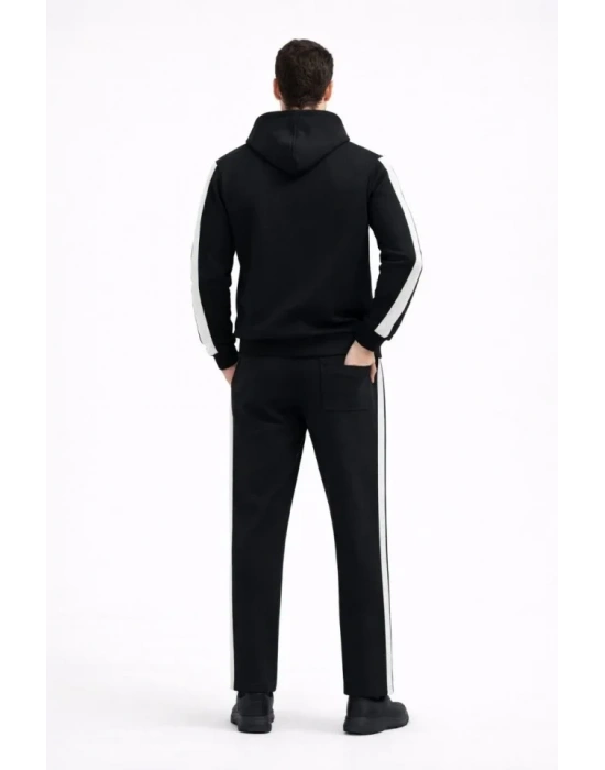 Erkek Şeritli Eşofman Takım Kapüşonlu weatshirt Boru Paça Alt, Oversize 3 Iplik Pamuklu  iyah