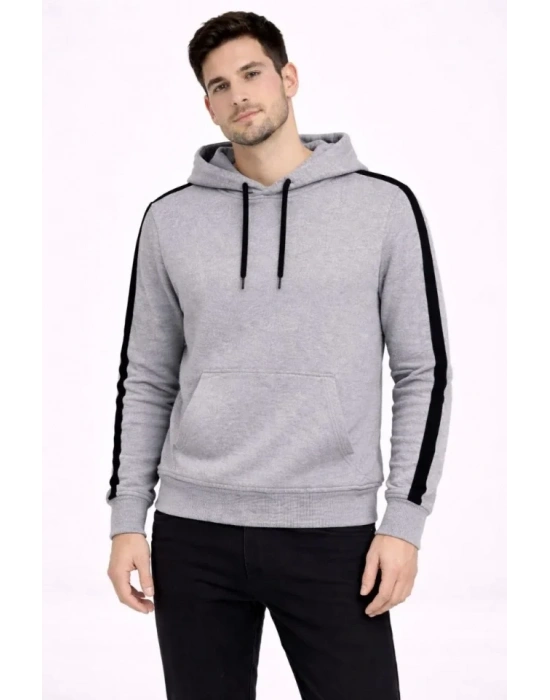 Erkek Şeritli Kapüşonlu weatshirt Oversize 3 Iplik Pamuklu  Gri