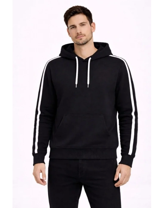 Erkek Şeritli Kapüşonlu weatshirt Oversize 3 Iplik Pamuklu  iyah