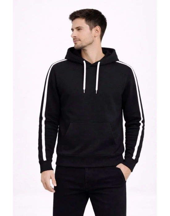 Erkek Şeritli Kapüşonlu weatshirt Oversize 3 Iplik Pamuklu  iyah