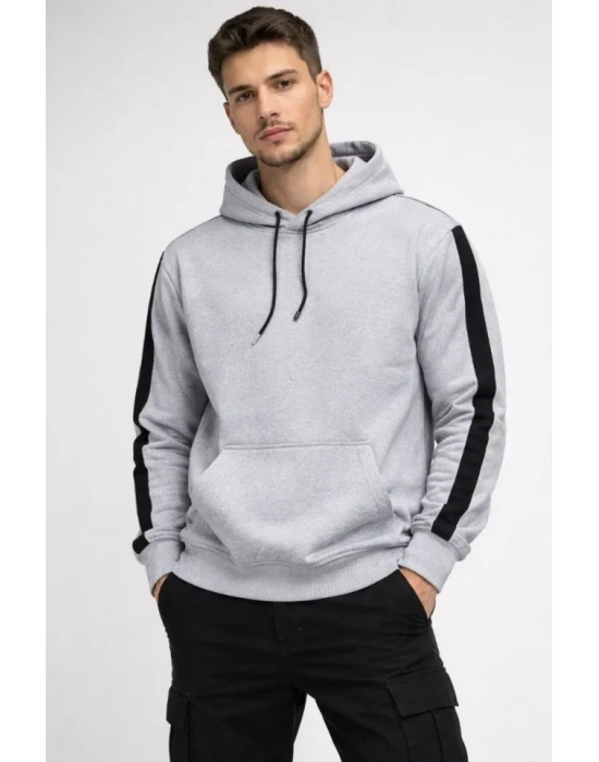 Erkek Şeritli Kapüşonlu weatshirt Oversize 3 Iplik Pamuklu  Beyaz