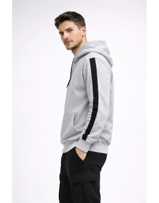 Erkek Şeritli Kapüşonlu weatshirt Oversize 3 Iplik Pamuklu  Beyaz