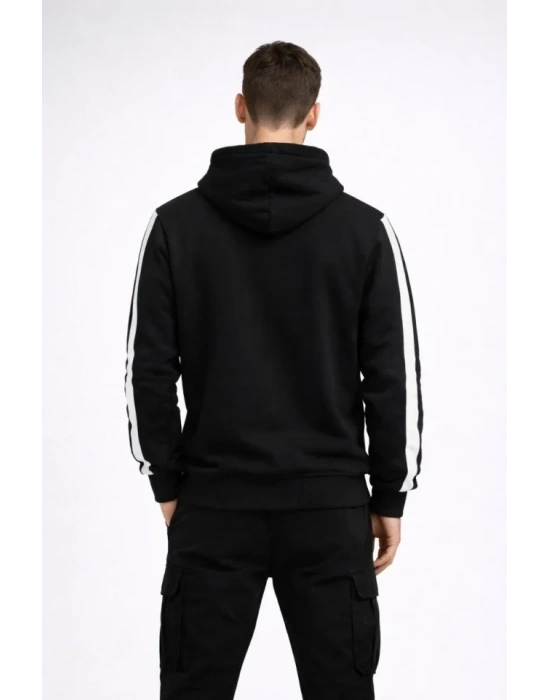 Erkek Şeritli Kapüşonlu weatshirt Oversize 3 Iplik Pamuklu  iyah