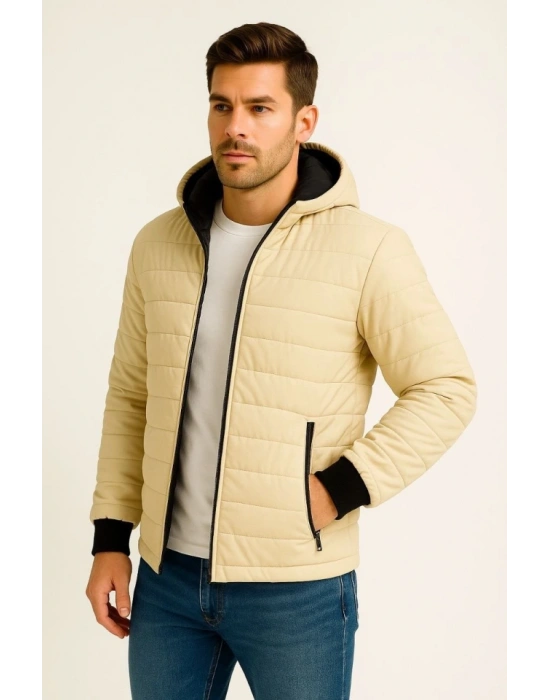 Erkek Şişme Kapüşonlu Fermuarlı ont u Itici Kapitone Astarlı Kumaş Cepli Kışlık Rahat Kalıp  Bej