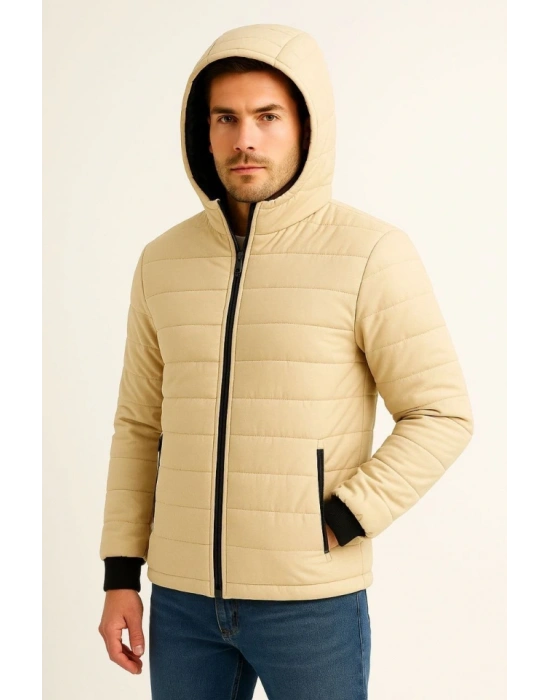 Erkek Şişme Kapüşonlu Fermuarlı ont u Itici Kapitone Astarlı Kumaş Cepli Kışlık Rahat Kalıp  Bej