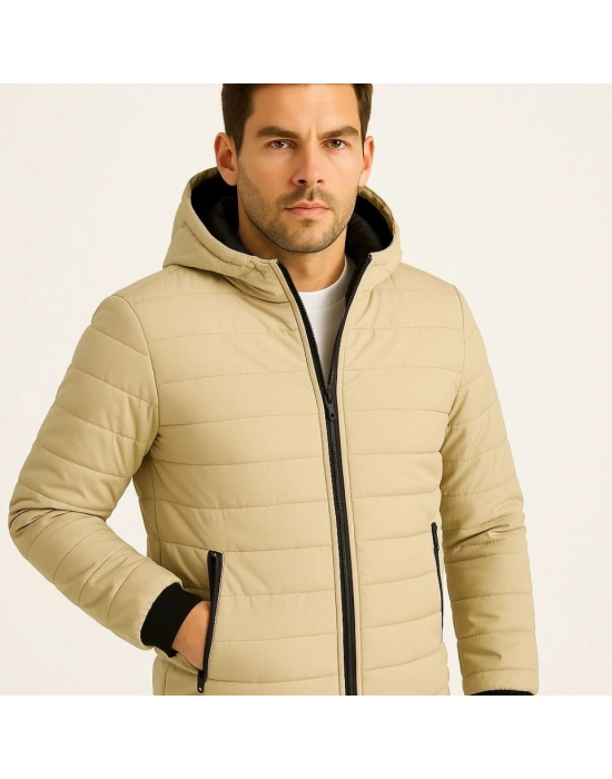 Erkek Şişme Kapüşonlu Fermuarlı ont u Itici Kapitone Astarlı Kumaş Cepli Kışlık Rahat Kalıp  Bej