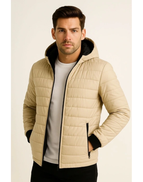 Erkek Şişme Kapüşonlu Fermuarlı ont u Itici Kapitone Astarlı Kumaş Cepli Kışlık Rahat Kalıp  Bej