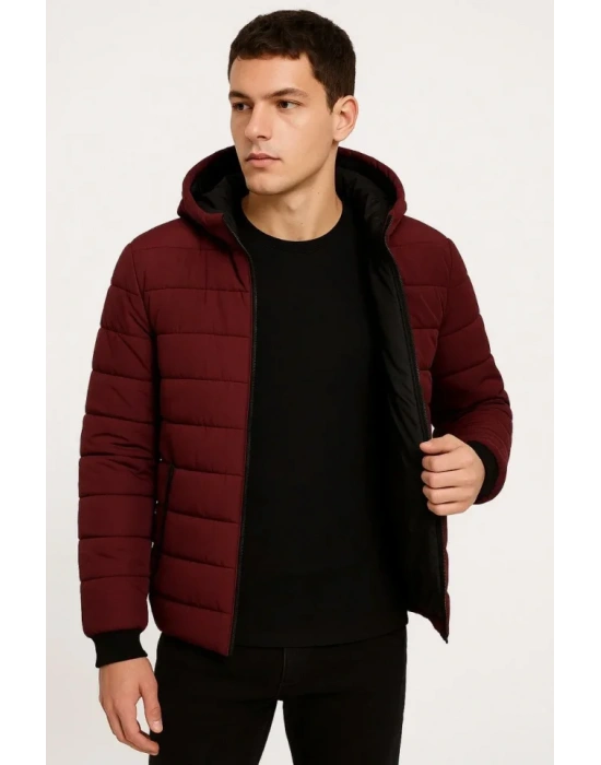 Erkek Şişme Kapüşonlu Fermuarlı ont u Itici Kapitone Astarlı Kumaş Cepli Kışlık Rahat Kalıp  Bordo