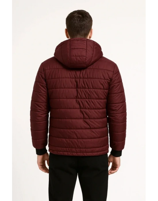 Erkek Şişme Kapüşonlu Fermuarlı ont u Itici Kapitone Astarlı Kumaş Cepli Kışlık Rahat Kalıp  Bordo