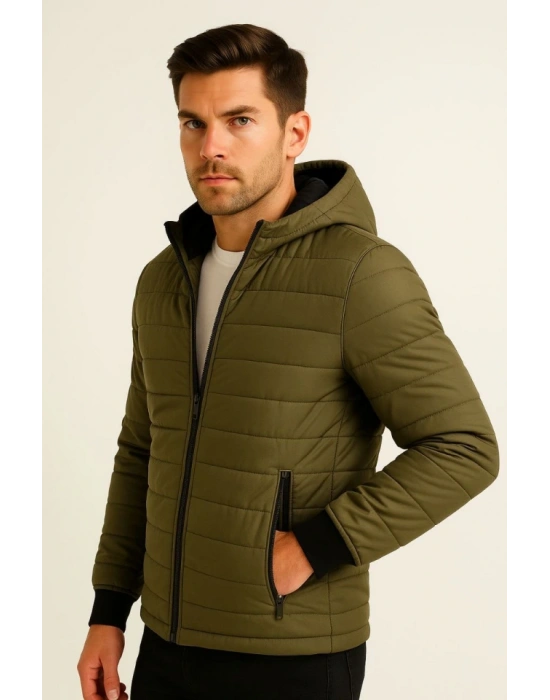 Erkek Şişme Kapüşonlu Fermuarlı ont u Itici Kapitone Astarlı Kumaş Cepli Kışlık Rahat Kalıp  Haki