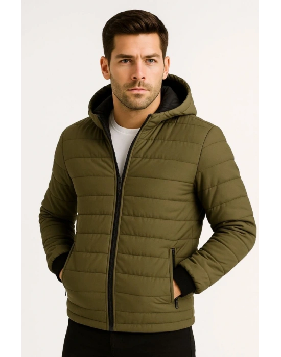 Erkek Şişme Kapüşonlu Fermuarlı ont u Itici Kapitone Astarlı Kumaş Cepli Kışlık Rahat Kalıp  Haki