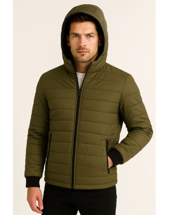 Erkek Şişme Kapüşonlu Fermuarlı ont u Itici Kapitone Astarlı Kumaş Cepli Kışlık Rahat Kalıp  Haki