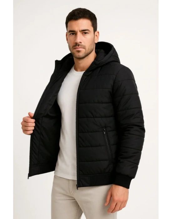 Erkek Şişme Kapüşonlu Fermuarlı ont u Itici Kapitone Astarlı Kumaş Cepli Kışlık Rahat Kalıp  iyah