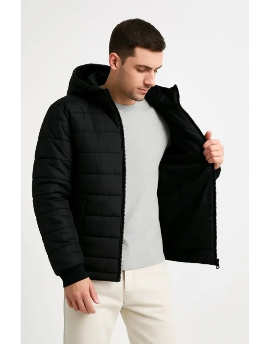 Erkek Şişme Kapüşonlu Fermuarlı ont u Itici Kapitone Astarlı Kumaş Cepli Kışlık Rahat Kalıp  iyah