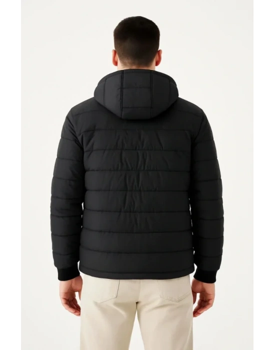 Erkek Şişme Kapüşonlu Fermuarlı ont u Itici Kapitone Astarlı Kumaş Cepli Kışlık Rahat Kalıp  iyah