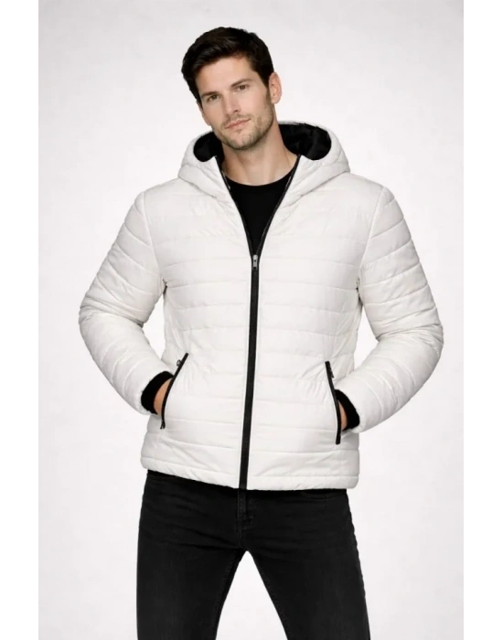 Erkek Şişme Kapüşonlu Fermuarlı ont u Itici Kapitone Astarlı Kumaş Cepli Kışlık Rahat Kalıp  Krem