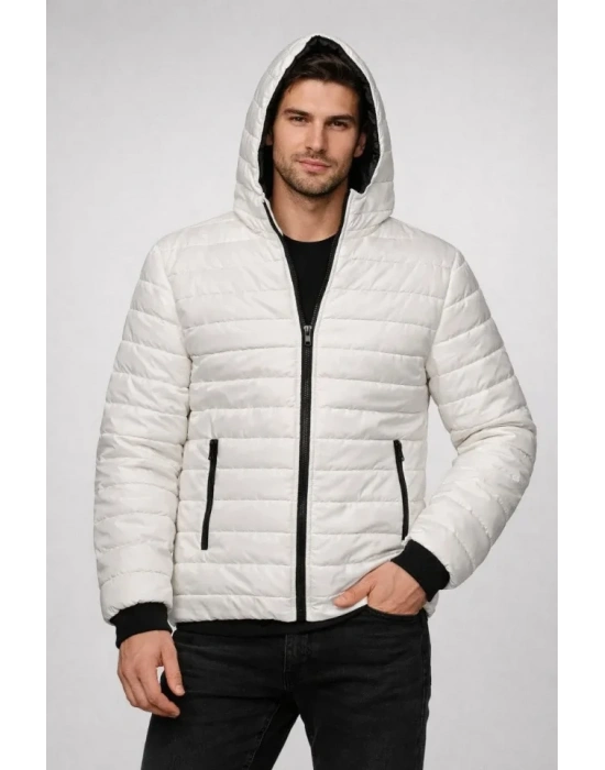 Erkek Şişme Kapüşonlu Fermuarlı ont u Itici Kapitone Astarlı Kumaş Cepli Kışlık Rahat Kalıp  Krem