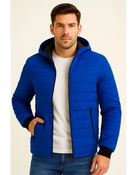 Erkek Şişme Kapüşonlu Fermuarlı ont u Itici Kapitone Astarlı Kumaş Cepli Kışlık Rahat Kalıp  aks avisi