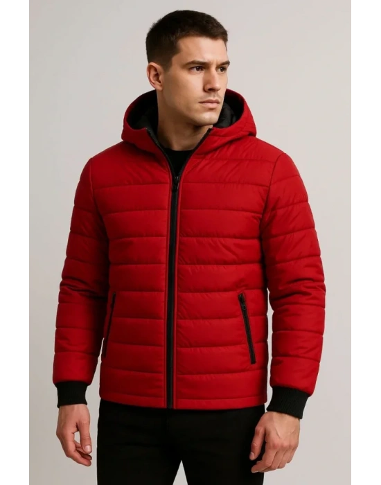 Erkek Şişme Kapüşonlu Fermuarlı ont u Itici Kapitone Astarlı Kumaş Cepli Kışlık Rahat Kalıp  Kırmızı