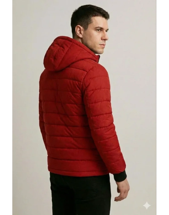 Erkek Şişme Kapüşonlu Fermuarlı ont u Itici Kapitone Astarlı Kumaş Cepli Kışlık Rahat Kalıp  Kırmızı